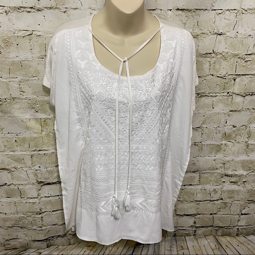Rafaella White Embroidered Tassle Top